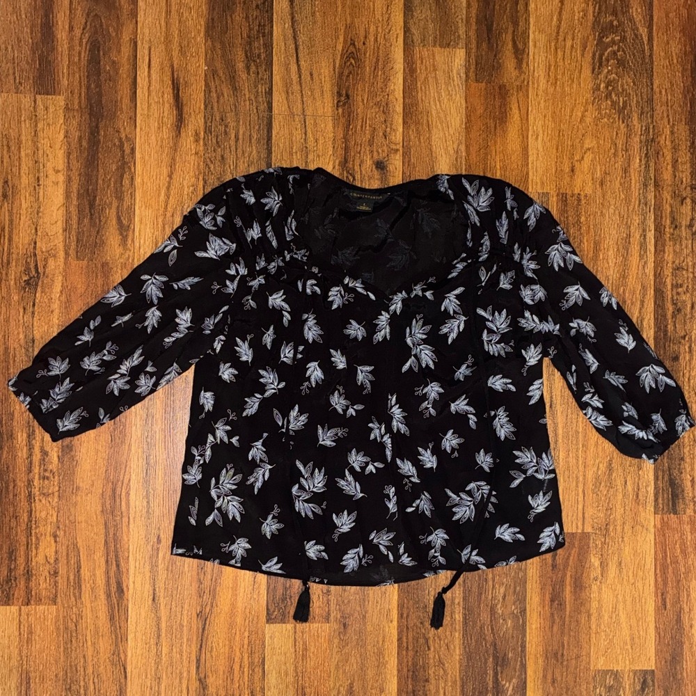Counterparts Black Leaf Print Tassel Tie Peasant Blouse Top Large